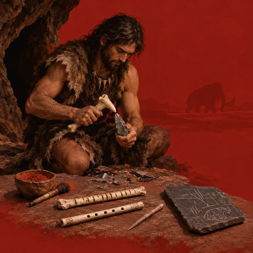 A Cro-Magnon toolmaker shaping a flint blade, with a bone flute, a tally bone, red ochre and an engraved slate laid out like a desk